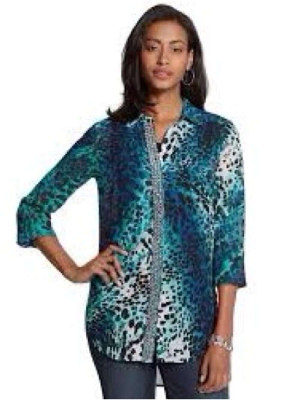 CHICO'S Largo Teal leopard shirt top 0 S